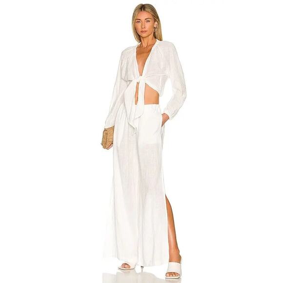 Bella Dahl Pants - Bella Dahl White 2 Piece Side Slit Tie Front Wide Leg Coastal Beach Pant Top Set
